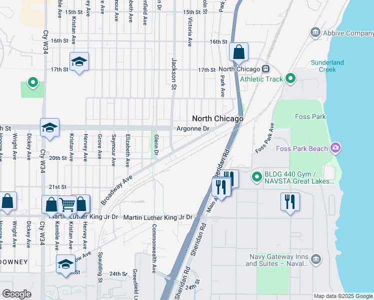 map of restaurants, bars, coffee shops, grocery stores, and more near 1012 Broadway Avenue in North Chicago