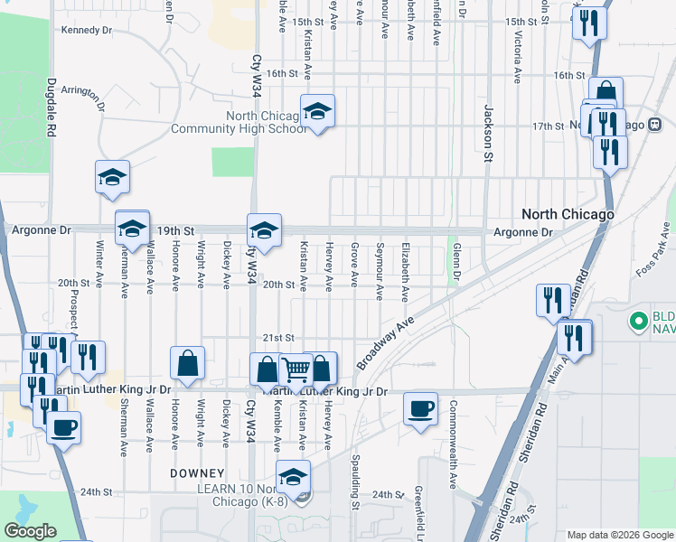 map of restaurants, bars, coffee shops, grocery stores, and more near 1923 Hervey Avenue in North Chicago
