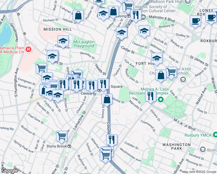 map of restaurants, bars, coffee shops, grocery stores, and more near 1540 Columbus Avenue in Boston