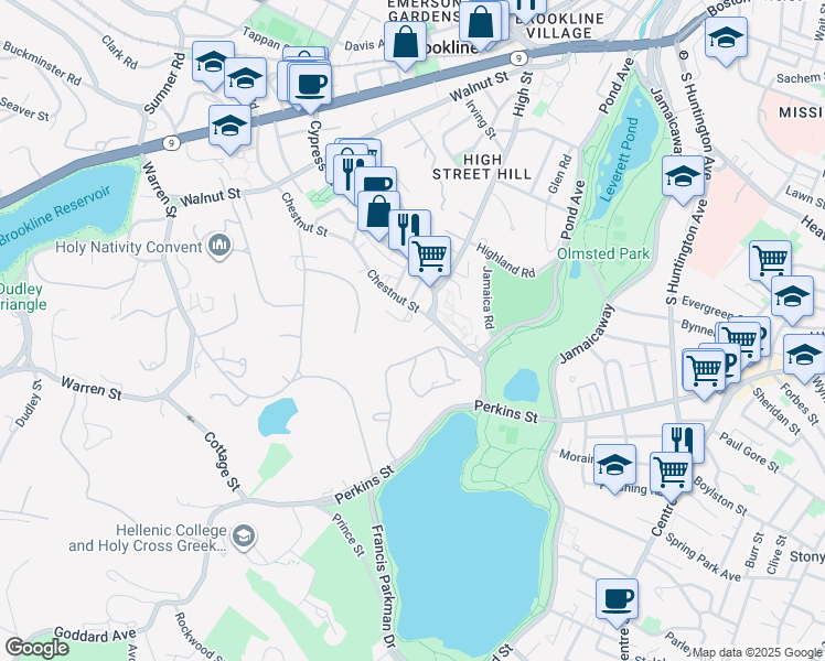 map of restaurants, bars, coffee shops, grocery stores, and more near 165 Chestnut Street in Brookline