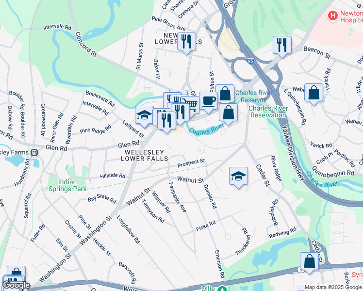 map of restaurants, bars, coffee shops, grocery stores, and more near 30 Washington Street in Wellesley