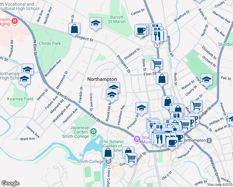 map of restaurants, bars, coffee shops, grocery stores, and more near 49 Round Hill Road in Northampton