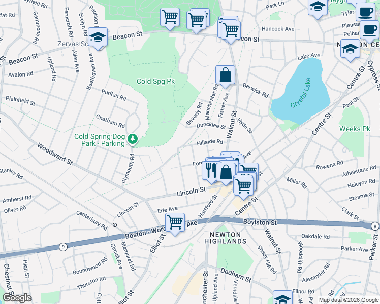 map of restaurants, bars, coffee shops, grocery stores, and more near 11 Chester Street in Newton