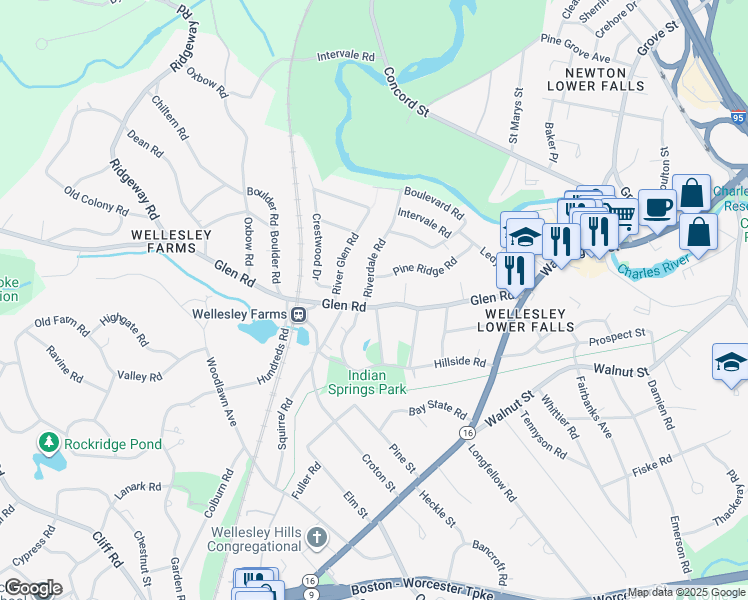 map of restaurants, bars, coffee shops, grocery stores, and more near 5 Pine Ridge Road in Wellesley