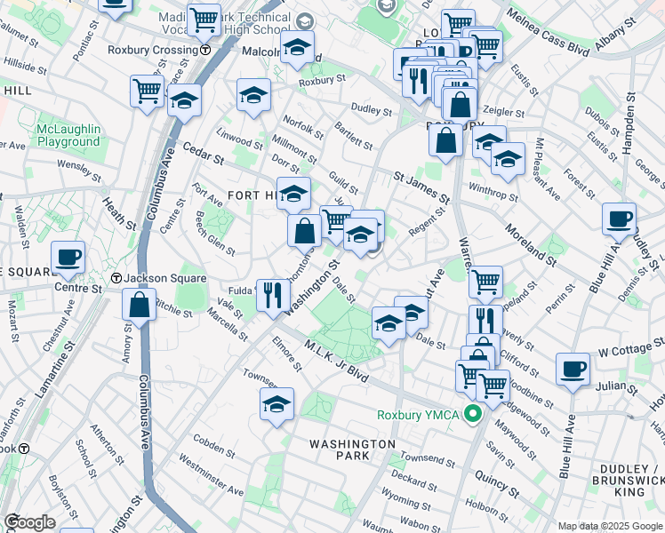map of restaurants, bars, coffee shops, grocery stores, and more near Washington Street in Boston