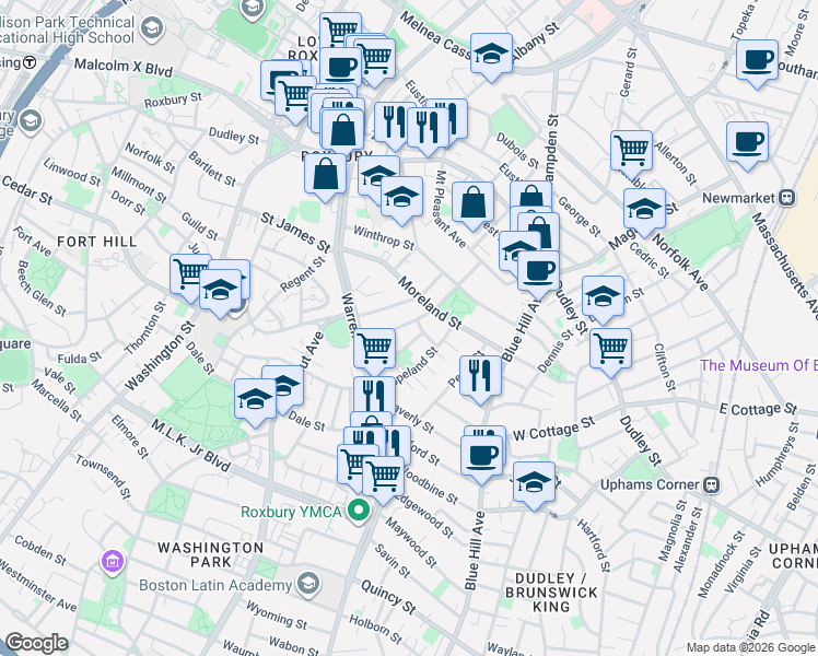 map of restaurants, bars, coffee shops, grocery stores, and more near in Boston