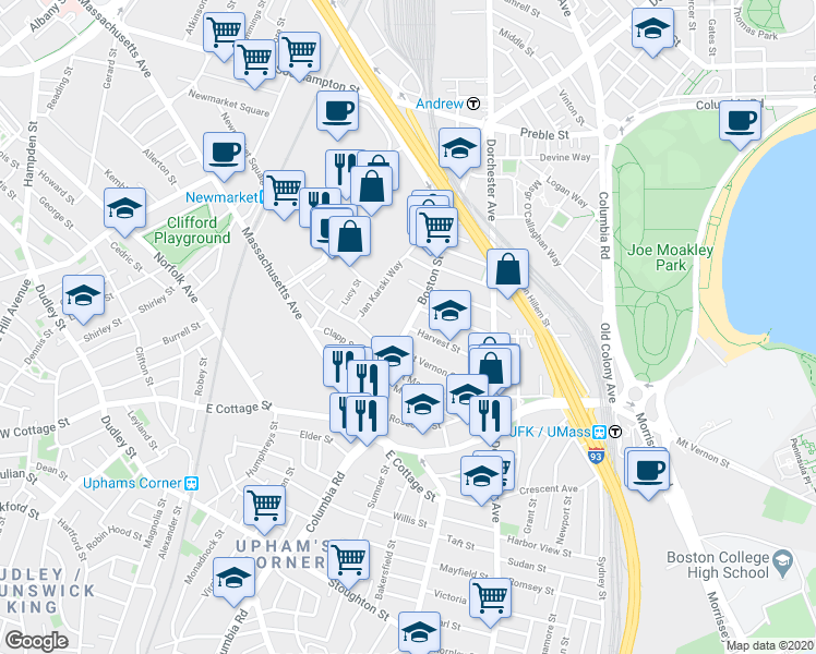 map of restaurants, bars, coffee shops, grocery stores, and more near Boston St & Harvest St in Boston