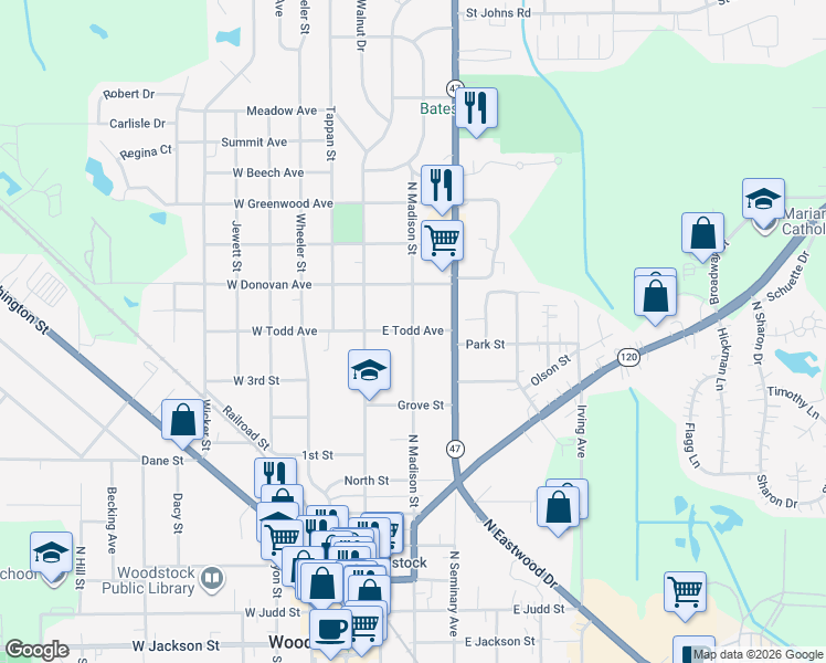map of restaurants, bars, coffee shops, grocery stores, and more near 898 North Madison Street in Woodstock
