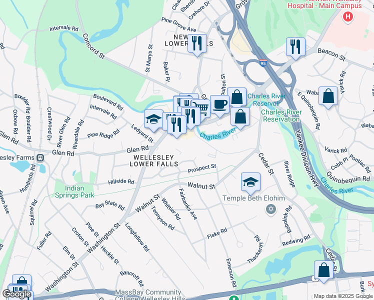 map of restaurants, bars, coffee shops, grocery stores, and more near 30 Washington Street in Wellesley