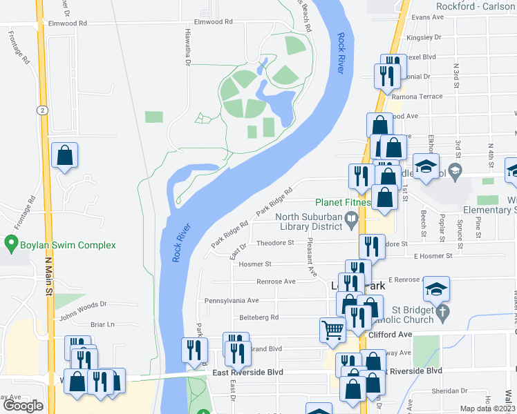 map of restaurants, bars, coffee shops, grocery stores, and more near 6414 Park Ridge Road in Loves Park