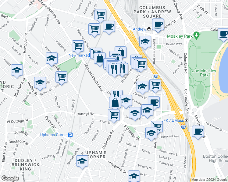 map of restaurants, bars, coffee shops, grocery stores, and more near 40 Enterprise Street in Boston