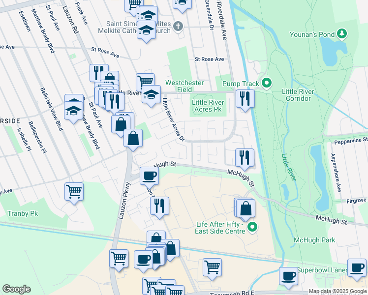 map of restaurants, bars, coffee shops, grocery stores, and more near 8639 Darlington Crescent in Windsor