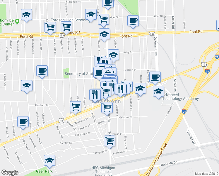 map of restaurants, bars, coffee shops, grocery stores, and more near 5020 Schaefer Road in Dearborn
