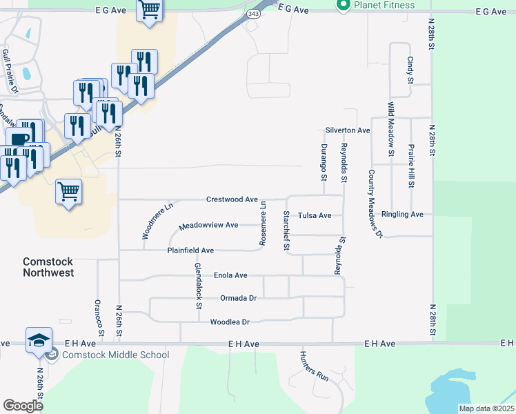 map of restaurants, bars, coffee shops, grocery stores, and more near 6470 Crestwood Avenue in Kalamazoo