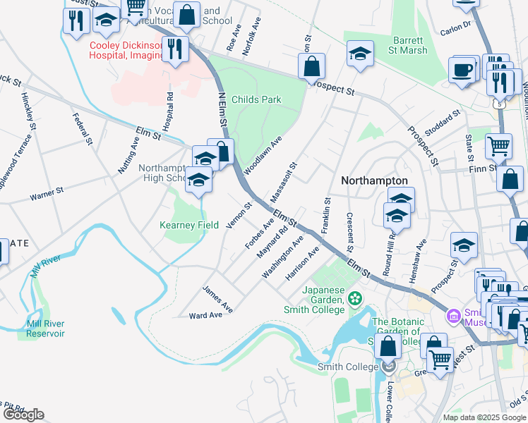 map of restaurants, bars, coffee shops, grocery stores, and more near 300 Elm Street in Northampton