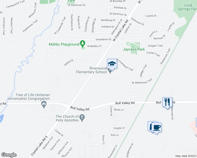 map of restaurants, bars, coffee shops, grocery stores, and more near 403 South Driftwood Trail in McHenry