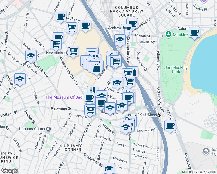 map of restaurants, bars, coffee shops, grocery stores, and more near 56 Dorset Street in Boston