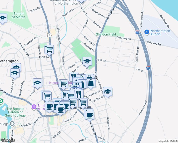 map of restaurants, bars, coffee shops, grocery stores, and more near 2 Parsons Street in Northampton