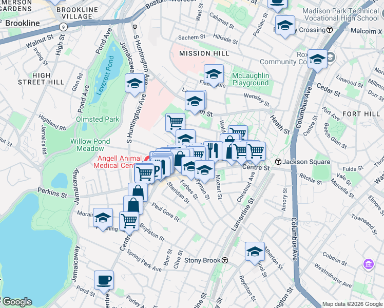 map of restaurants, bars, coffee shops, grocery stores, and more near 47A Creighton Street in Boston