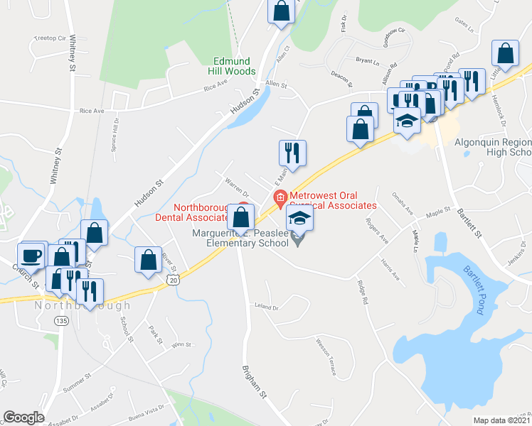 map of restaurants, bars, coffee shops, grocery stores, and more near 166 Main Street in Northborough