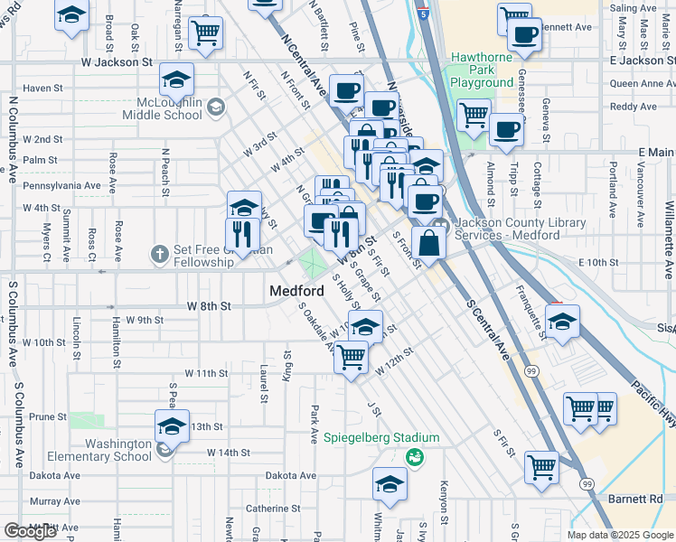 map of restaurants, bars, coffee shops, grocery stores, and more near 45 South Holly Street in Medford