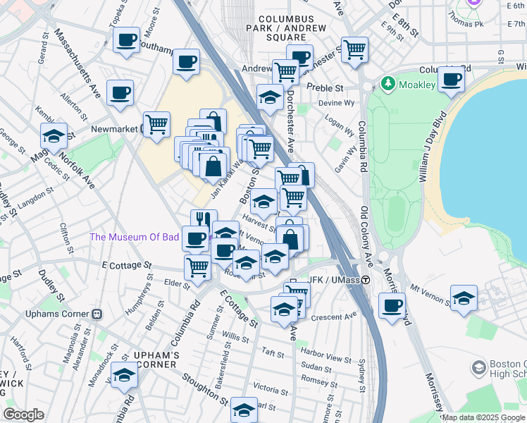 map of restaurants, bars, coffee shops, grocery stores, and more near 17 Dorset Street in Boston