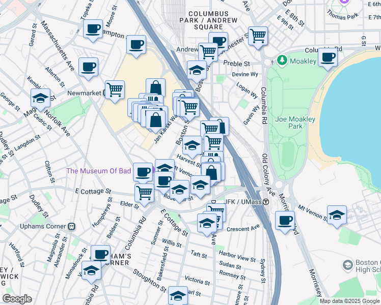 map of restaurants, bars, coffee shops, grocery stores, and more near 17 Dorset Street in Boston