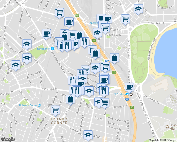 map of restaurants, bars, coffee shops, grocery stores, and more near 56 Dorset Street in Boston