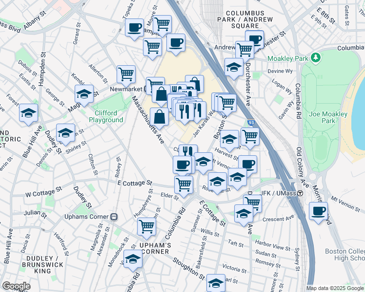 map of restaurants, bars, coffee shops, grocery stores, and more near 55 Enterprise Street in Boston