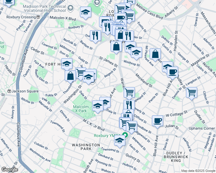map of restaurants, bars, coffee shops, grocery stores, and more near 21a Circuit Street in Boston