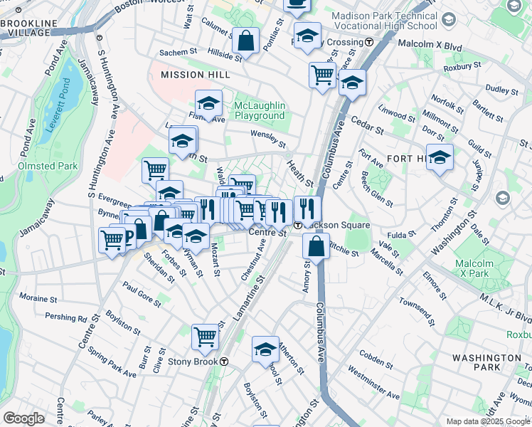map of restaurants, bars, coffee shops, grocery stores, and more near 30 Bickford Street in Boston