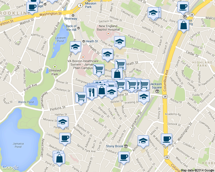 map of restaurants, bars, coffee shops, grocery stores, and more near 47A Creighton Street in Boston
