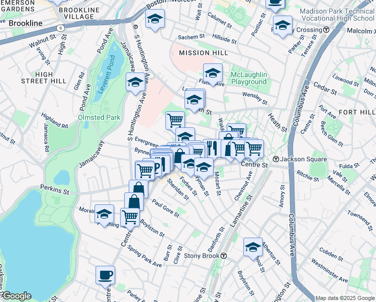 map of restaurants, bars, coffee shops, grocery stores, and more near 47A Creighton Street in Boston