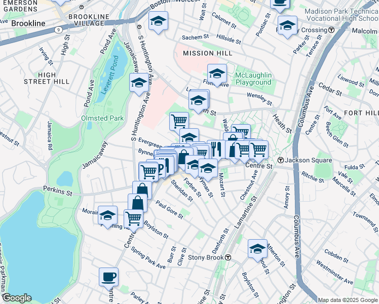 map of restaurants, bars, coffee shops, grocery stores, and more near 47A Creighton Street in Boston