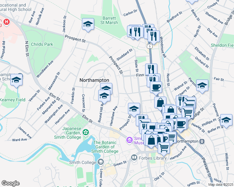 map of restaurants, bars, coffee shops, grocery stores, and more near 11 Crescent Street in Northampton