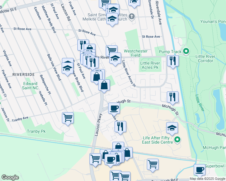 map of restaurants, bars, coffee shops, grocery stores, and more near 1330 Lauzon Road in Windsor
