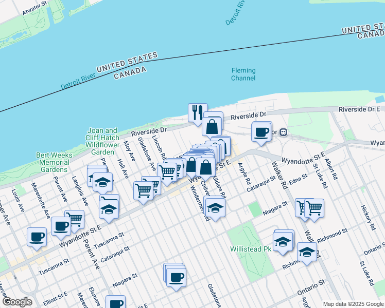 map of restaurants, bars, coffee shops, grocery stores, and more near 1880 Assumption Street in Windsor