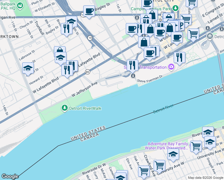 map of restaurants, bars, coffee shops, grocery stores, and more near 951 West Jefferson Avenue in Detroit