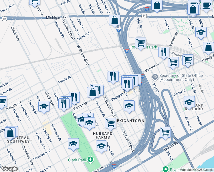 map of restaurants, bars, coffee shops, grocery stores, and more near 1930 25th Street in Detroit