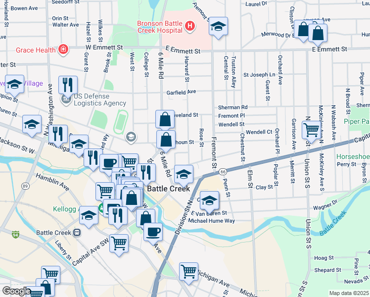 map of restaurants, bars, coffee shops, grocery stores, and more near 78 Calhoun Street in Battle Creek