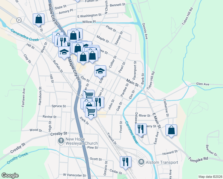 map of restaurants, bars, coffee shops, grocery stores, and more near 66 Elm Street in Hornell