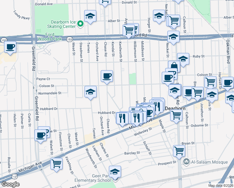 map of restaurants, bars, coffee shops, grocery stores, and more near 5045 Kenilworth Street in Dearborn