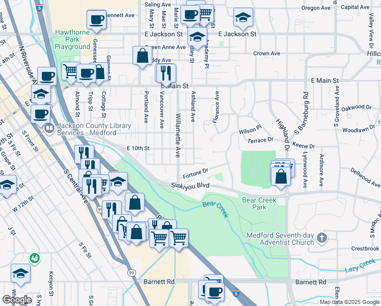 map of restaurants, bars, coffee shops, grocery stores, and more near 306 Ashland Avenue in Medford