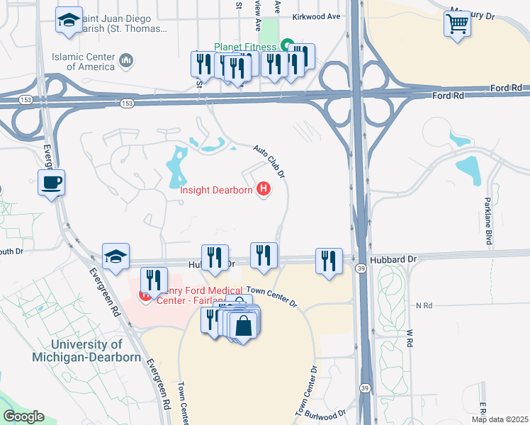 map of restaurants, bars, coffee shops, grocery stores, and more near 5111 Auto Club Drive in Dearborn