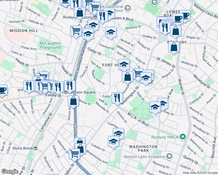 map of restaurants, bars, coffee shops, grocery stores, and more near 65 Beech Glen Street in Boston