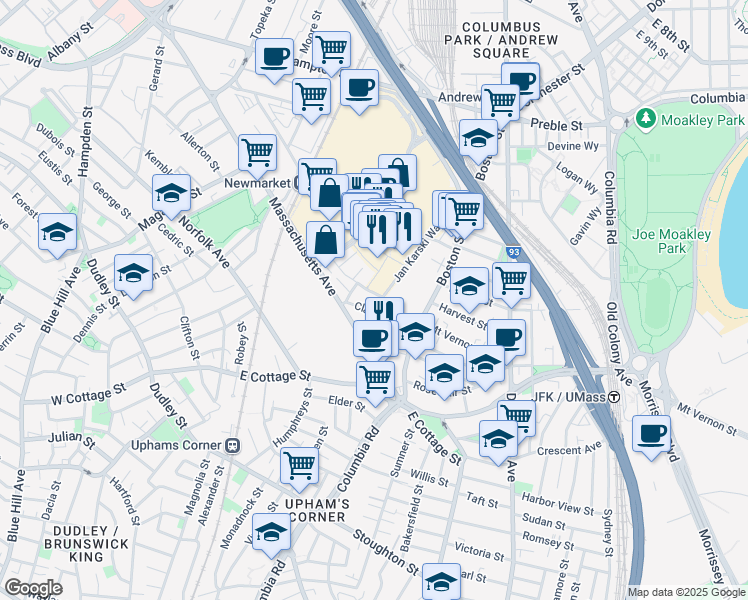 map of restaurants, bars, coffee shops, grocery stores, and more near 40 Enterprise Street in Boston
