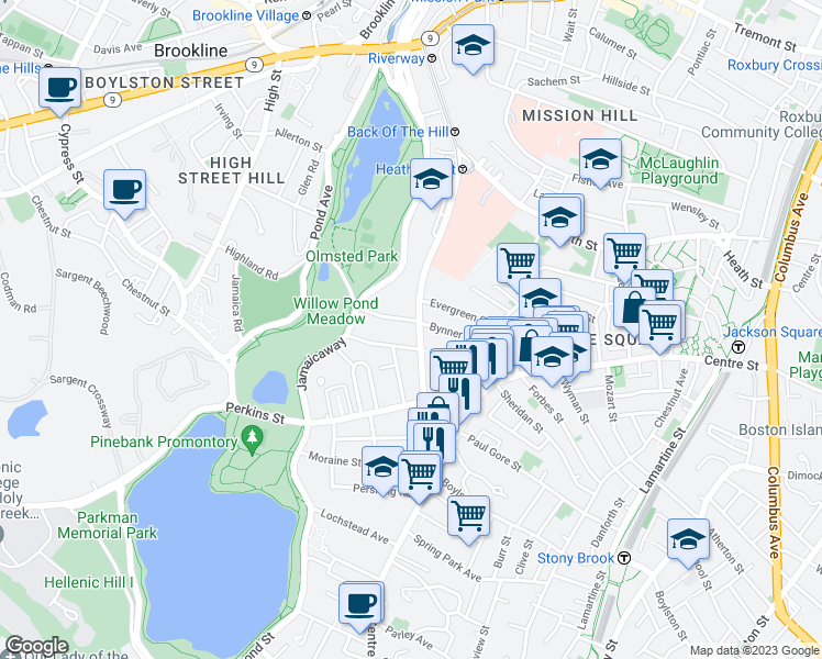 map of restaurants, bars, coffee shops, grocery stores, and more near 264 South Huntington Avenue in Boston