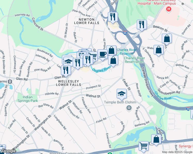 map of restaurants, bars, coffee shops, grocery stores, and more near 51 River Street in Wellesley