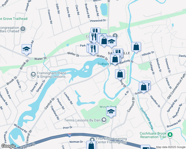 map of restaurants, bars, coffee shops, grocery stores, and more near 93 Central Street in Framingham