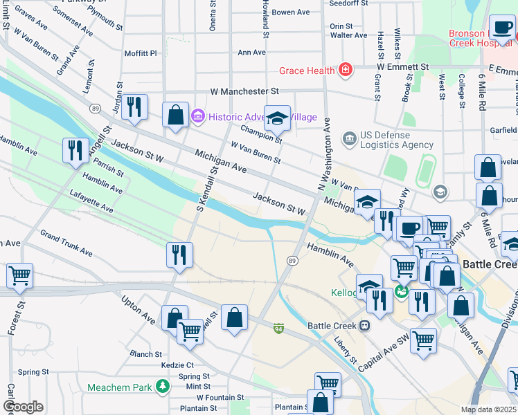 map of restaurants, bars, coffee shops, grocery stores, and more near 47 South Cass Street in Battle Creek